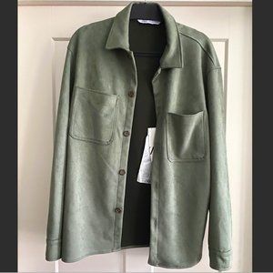 Green Zara Suede Long Sleeve Button Down Shirt Jacket